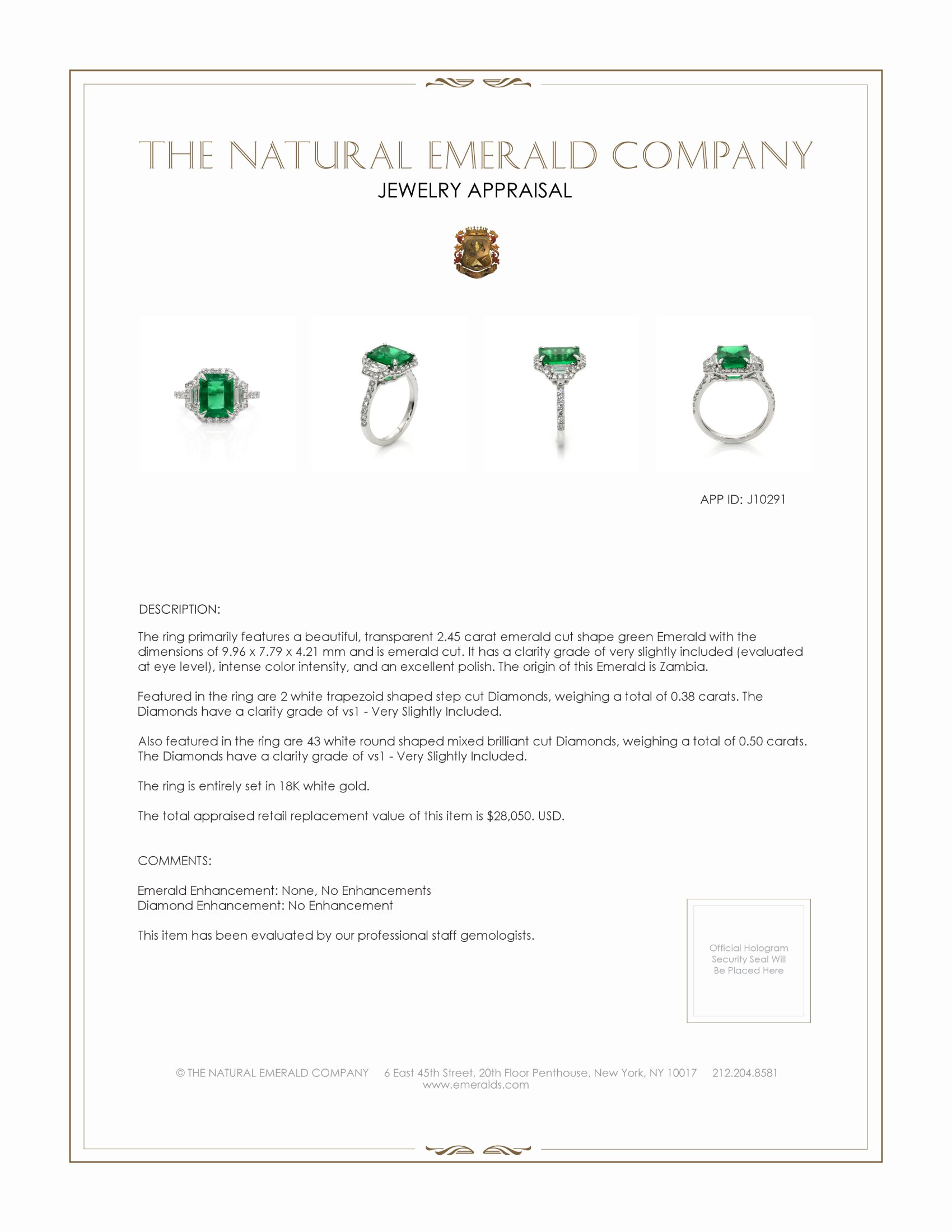 2.45 Ct. Emerald and Natural Diamond Three Stone Ring, 18K White Gold
