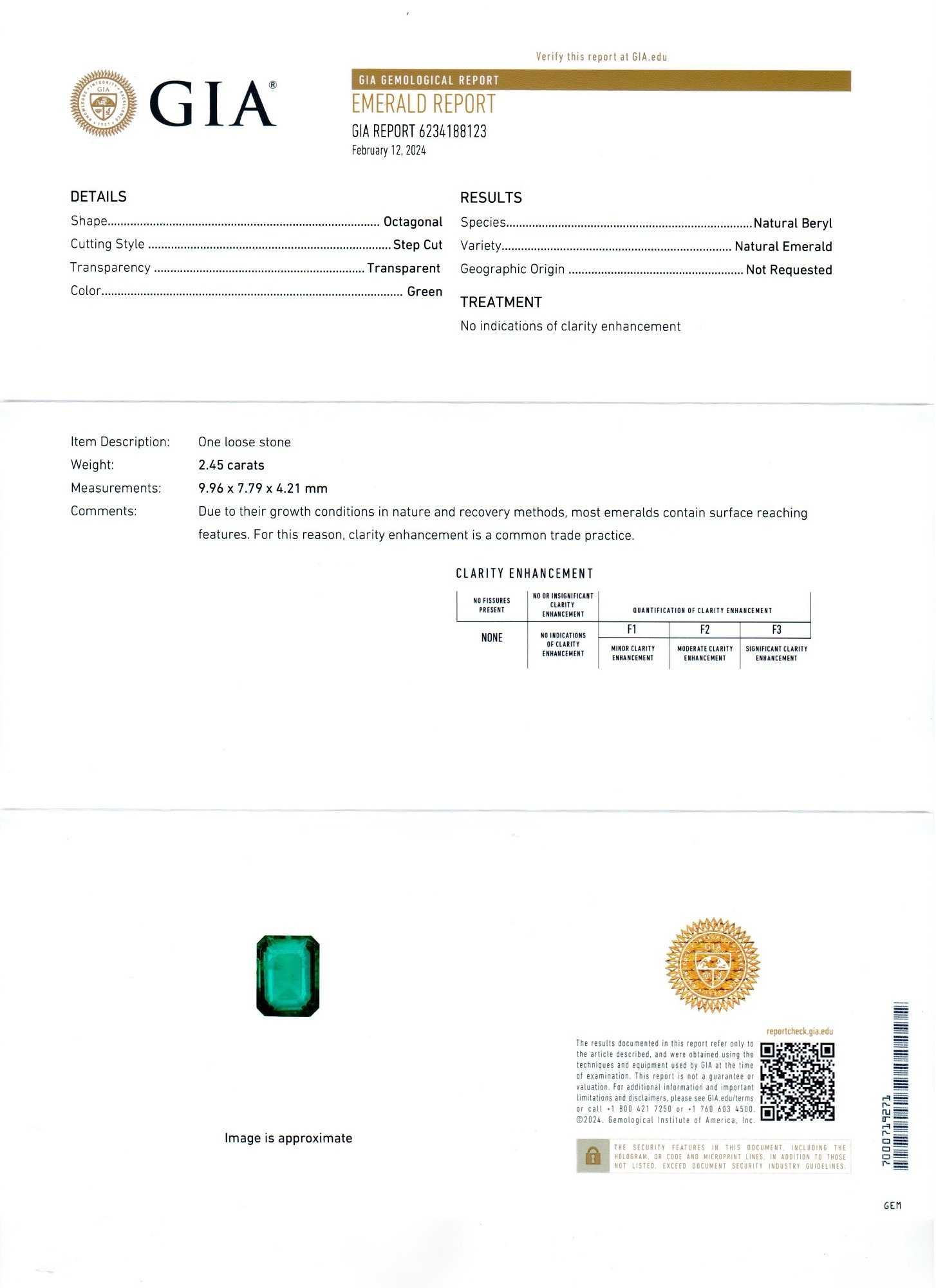 2.45 Ct. Emerald and Natural Diamond Three Stone Ring, 18K White Gold