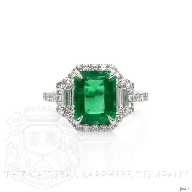 2.45 Ct. Emerald and Natural Diamond Three Stone Ring, 18K White Gold