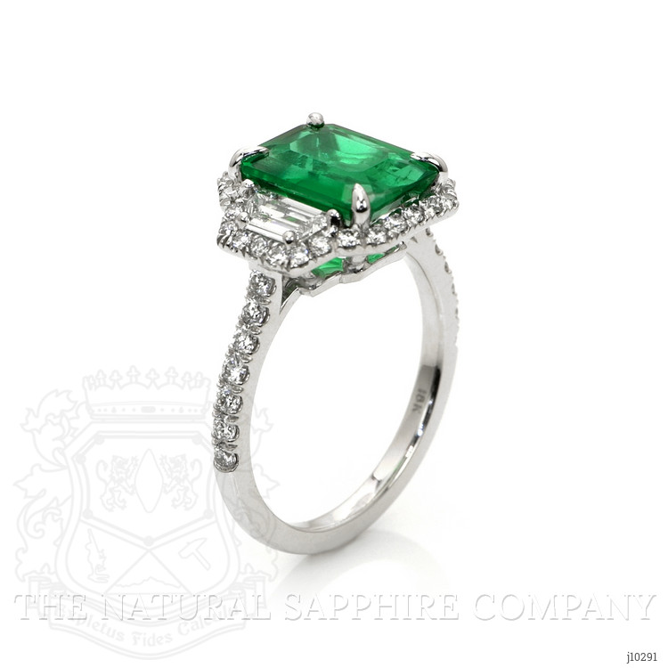 2.45 Ct. Emerald and Natural Diamond Three Stone Ring, 18K White Gold