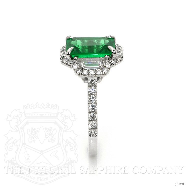 2.45 Ct. Emerald and Natural Diamond Three Stone Ring, 18K White Gold