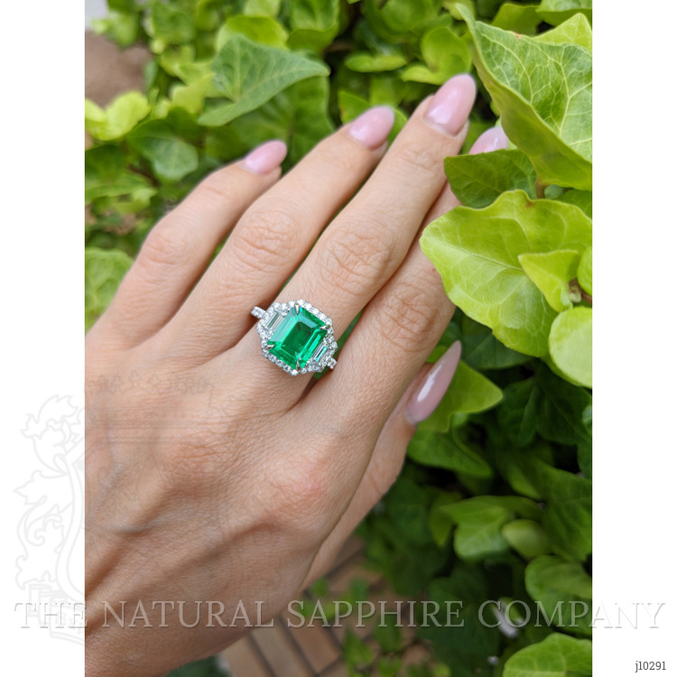 2.45 Ct. Emerald and Natural Diamond Three Stone Ring, 18K White Gold