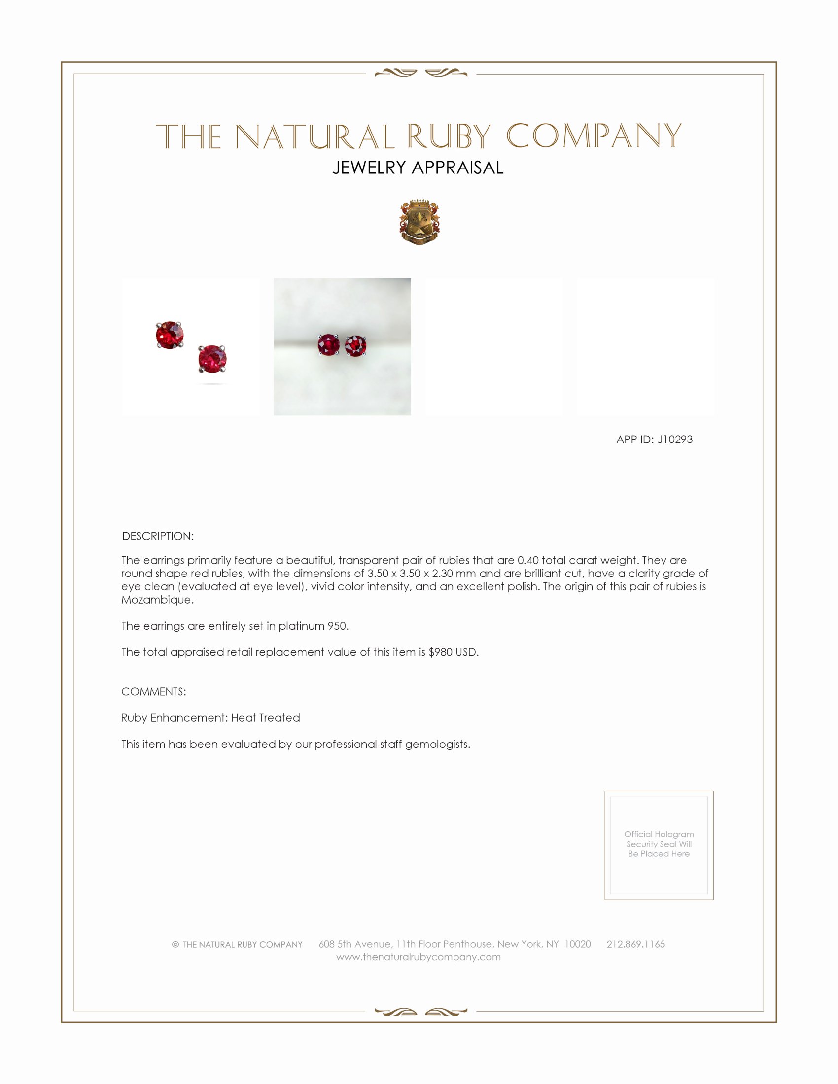 0.40 Ct.Tw. Ruby Studs Earrings, Platinum 950