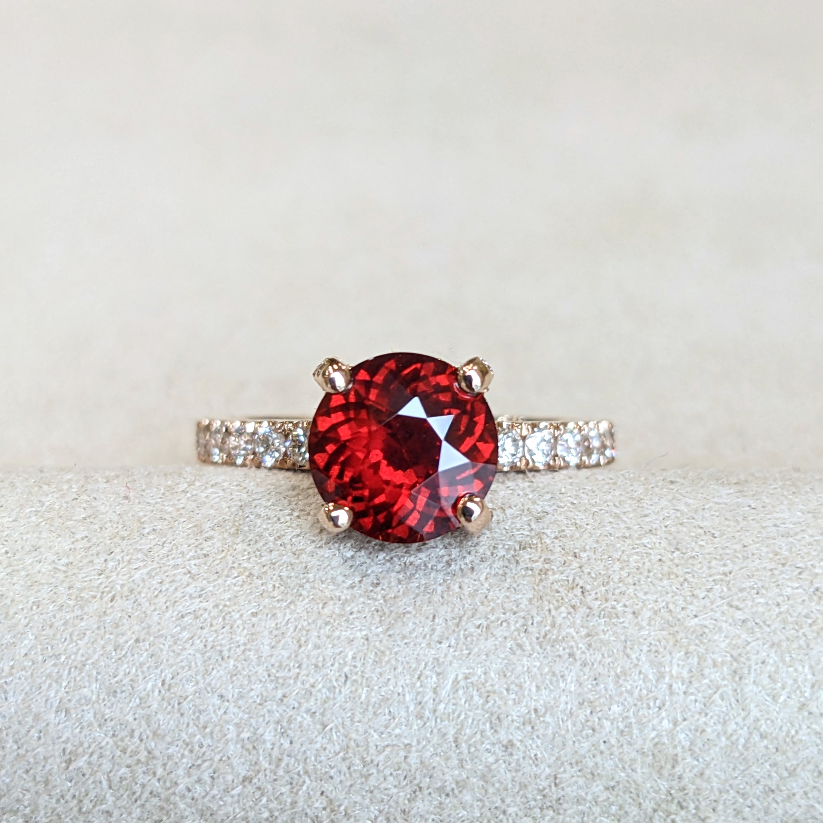 Purplish Red Garnet and Natural Diamond Pave Ring - Round 1.85 Ct