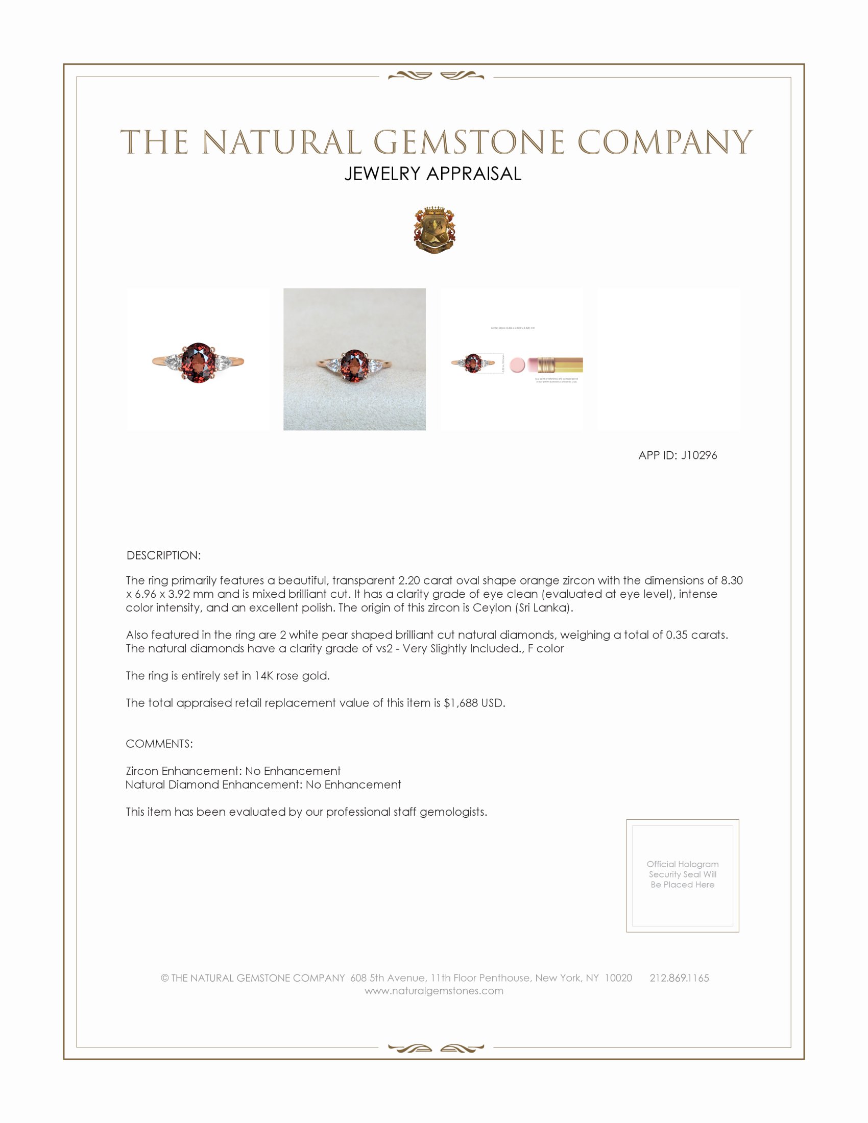 2.20 Ct. Orange Zircon and Natural Diamond Three Stone Ring, 14K Rose Gold