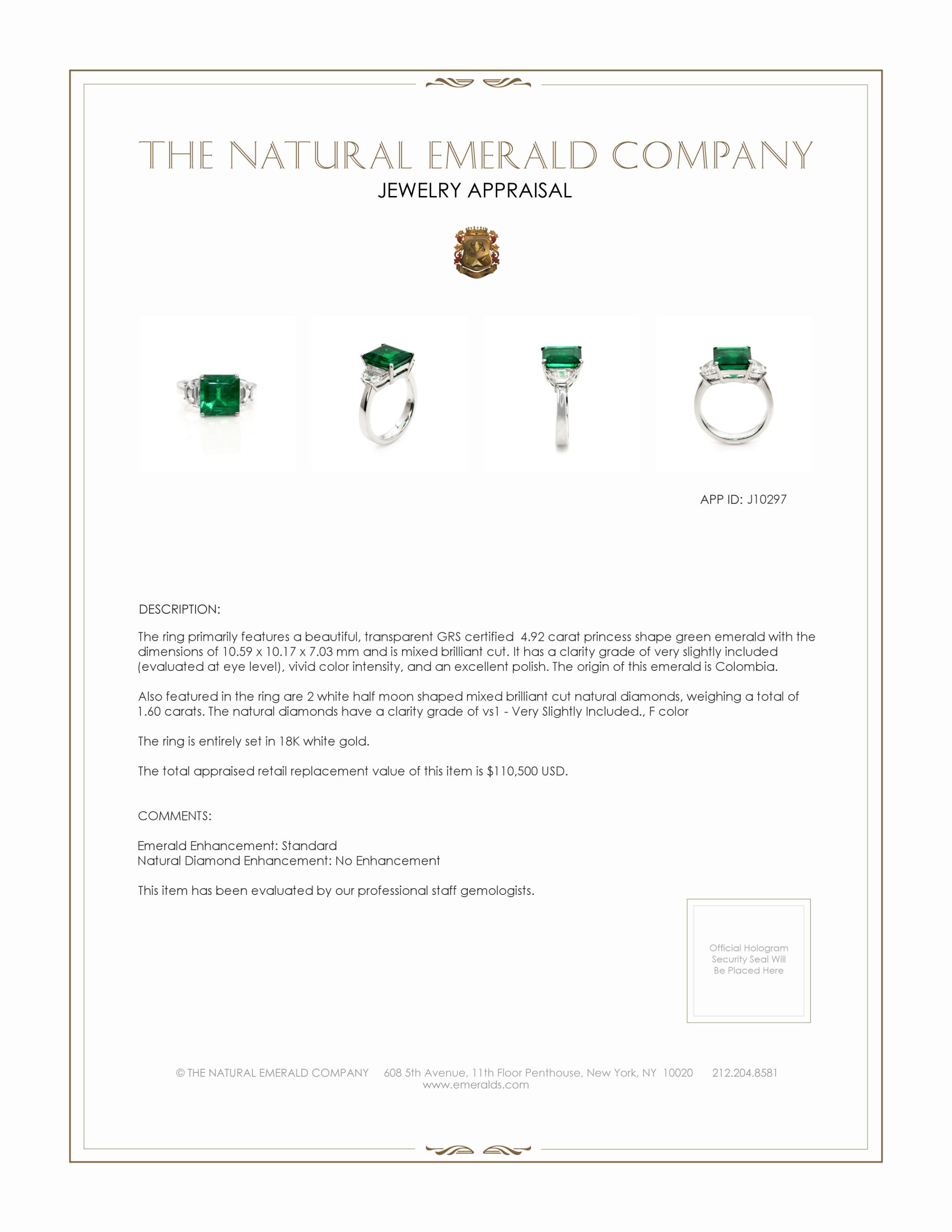 4.92 Ct. Emerald and Natural Diamond Three Stone Ring, 18K White Gold