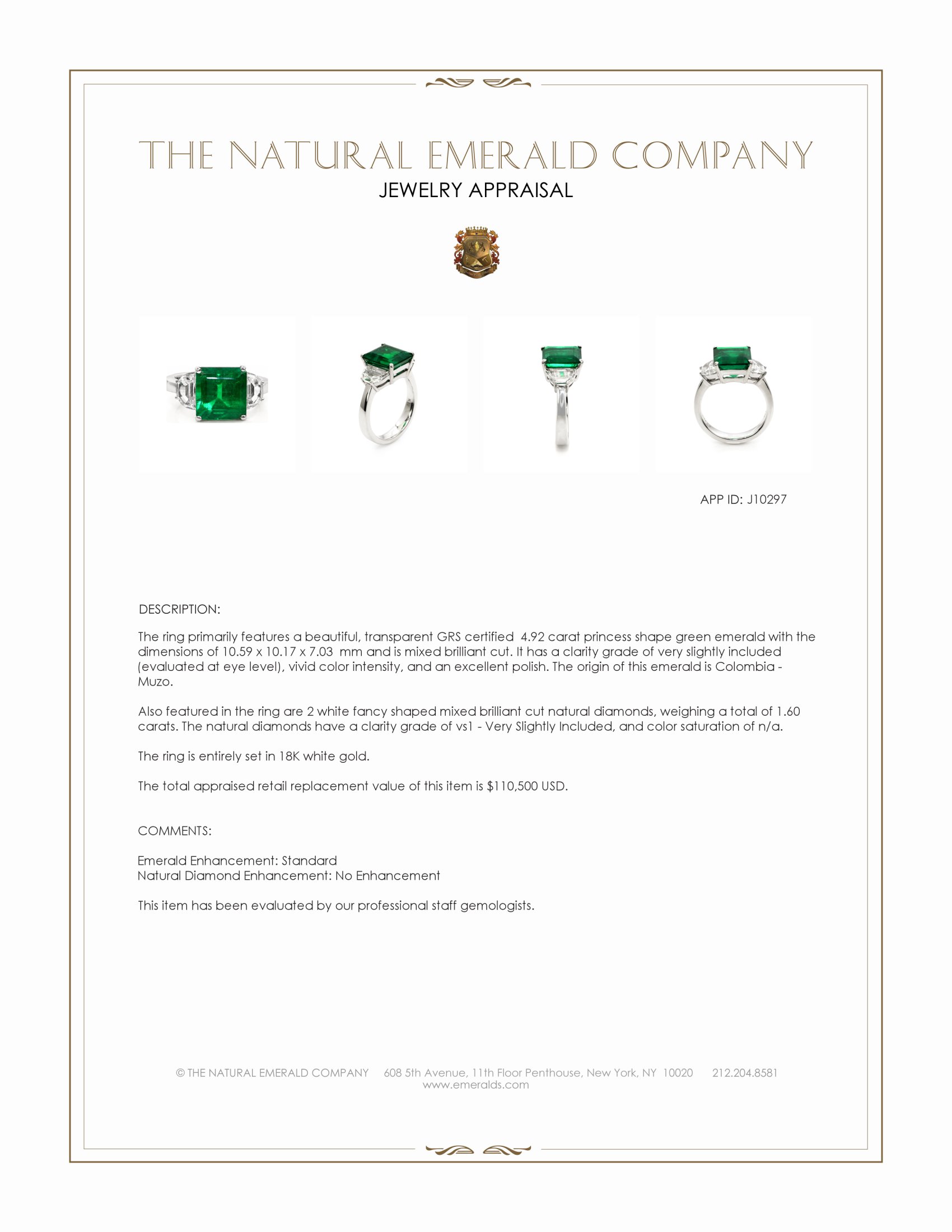 4.92 Ct. Emerald and Natural Diamond Three Stone Ring, 18K White Gold