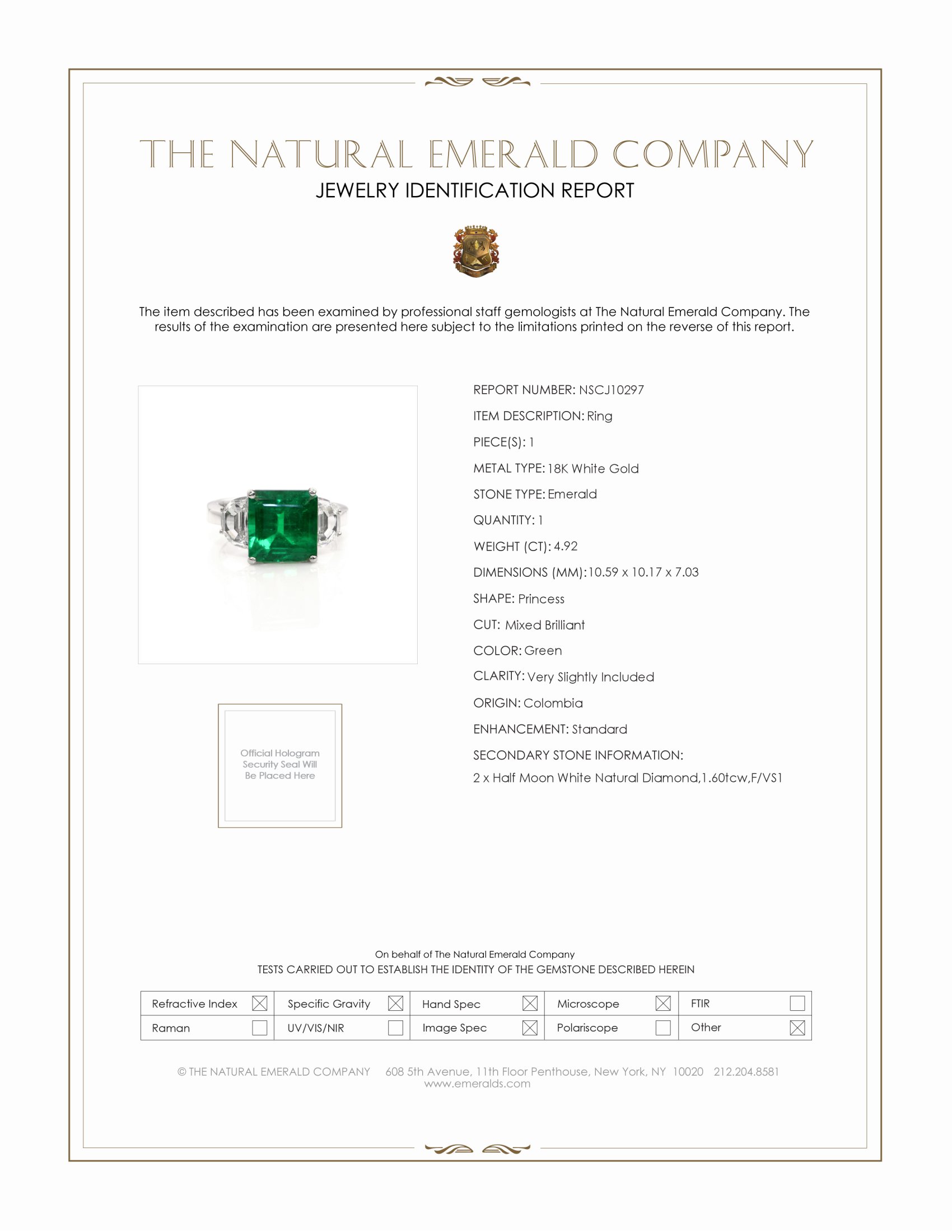 4.92 Ct. Emerald and Natural Diamond Three Stone Ring, 18K White Gold