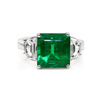 4.92 Ct. Emerald and Natural Diamond Three Stone Ring, 18K White Gold Video