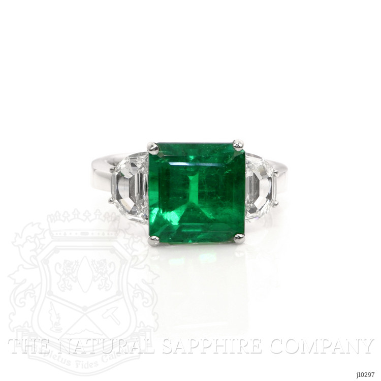 4.92 Ct. Emerald and Natural Diamond Three Stone Ring, 18K White Gold