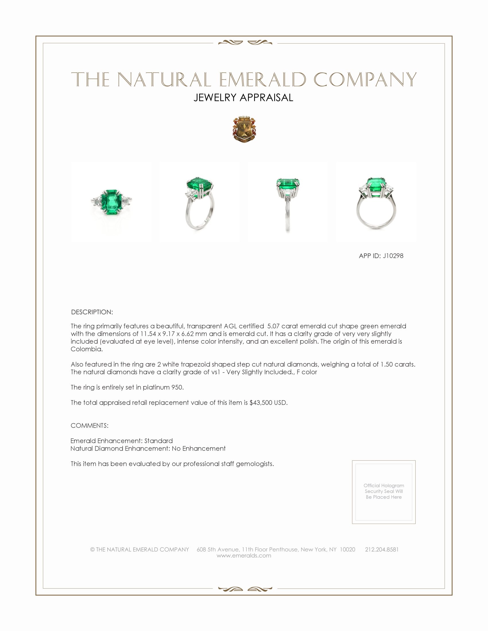 5.07 Ct. Emerald Natural Diamond Three Stone Ring, Platinum 950