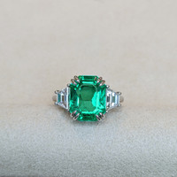 5.07 Ct. Emerald Natural Diamond Three Stone Ring, Platinum 950 Life Style