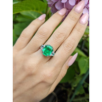 5.07 Ct. Emerald Natural Diamond Three Stone Ring, Platinum 950 Life Style