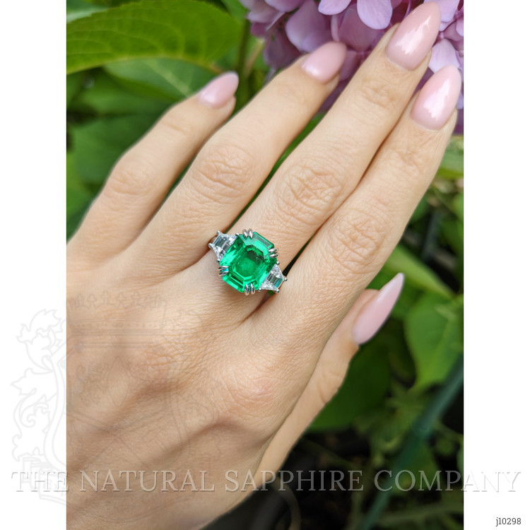 5.07 Ct. Emerald Natural Diamond Three Stone Ring, Platinum 950