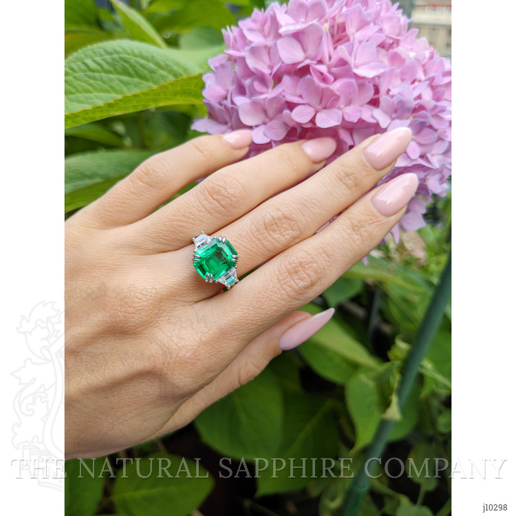 5.07 Ct. Emerald Natural Diamond Three Stone Ring, Platinum 950
