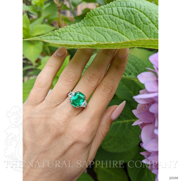 5.07 Ct. Emerald Natural Diamond Three Stone Ring, Platinum 950