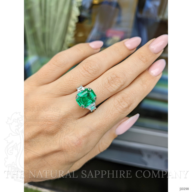 5.07 Ct. Emerald Natural Diamond Three Stone Ring, Platinum 950
