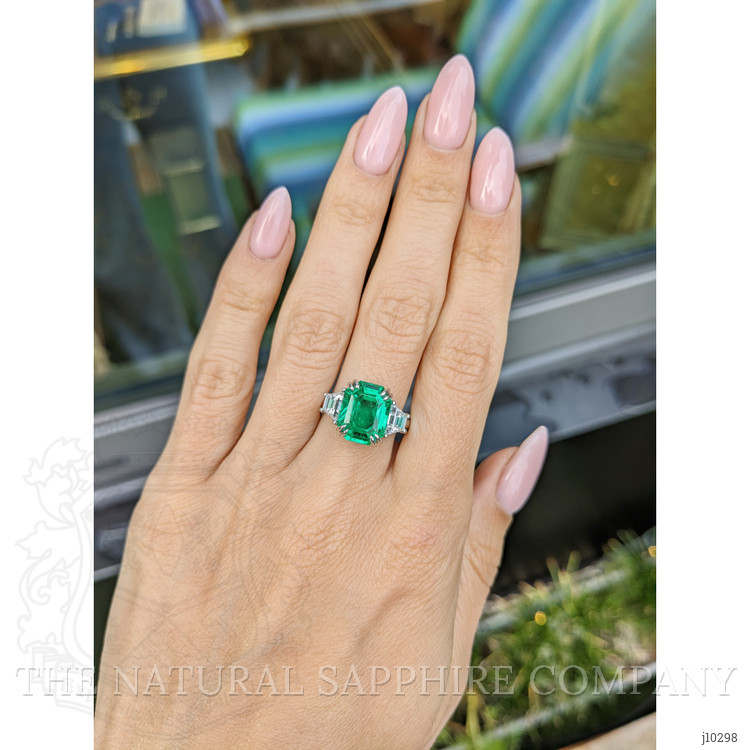 5.07 Ct. Emerald Natural Diamond Three Stone Ring, Platinum 950