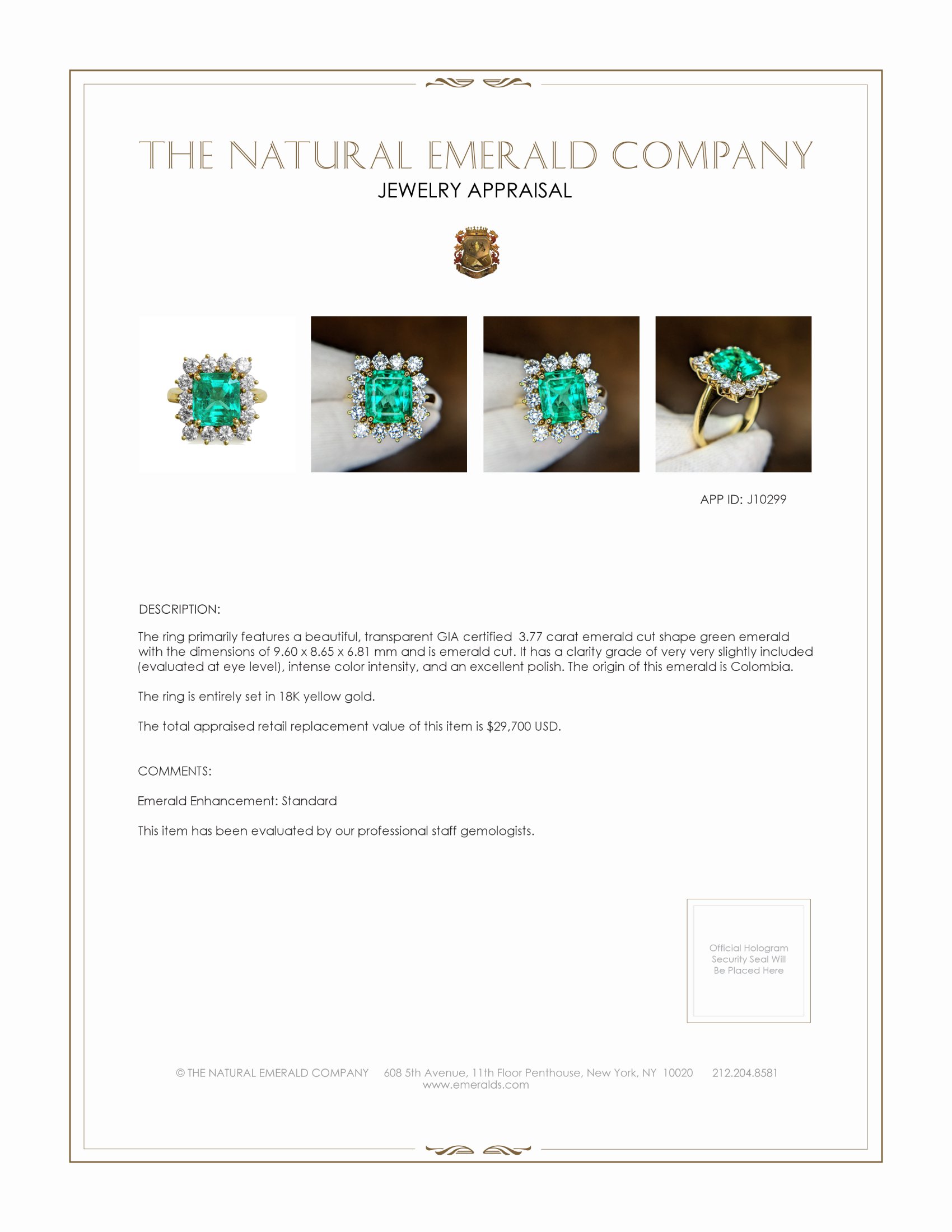 3.77 Ct. Emerald Halo Ring, 18K Yellow Gold