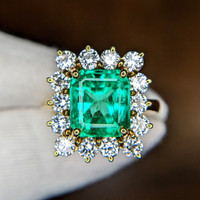 3.77 Ct. Emerald Halo Ring, 18K Yellow Gold Image