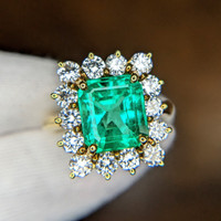 3.77 Ct. Emerald Halo Ring, 18K Yellow Gold Image
