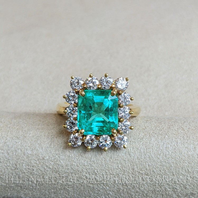 3.77 Ct. Emerald Halo Ring, 18K Yellow Gold
