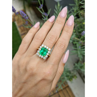 3.77 Ct. Emerald Halo Ring, 18K Yellow Gold Life Style