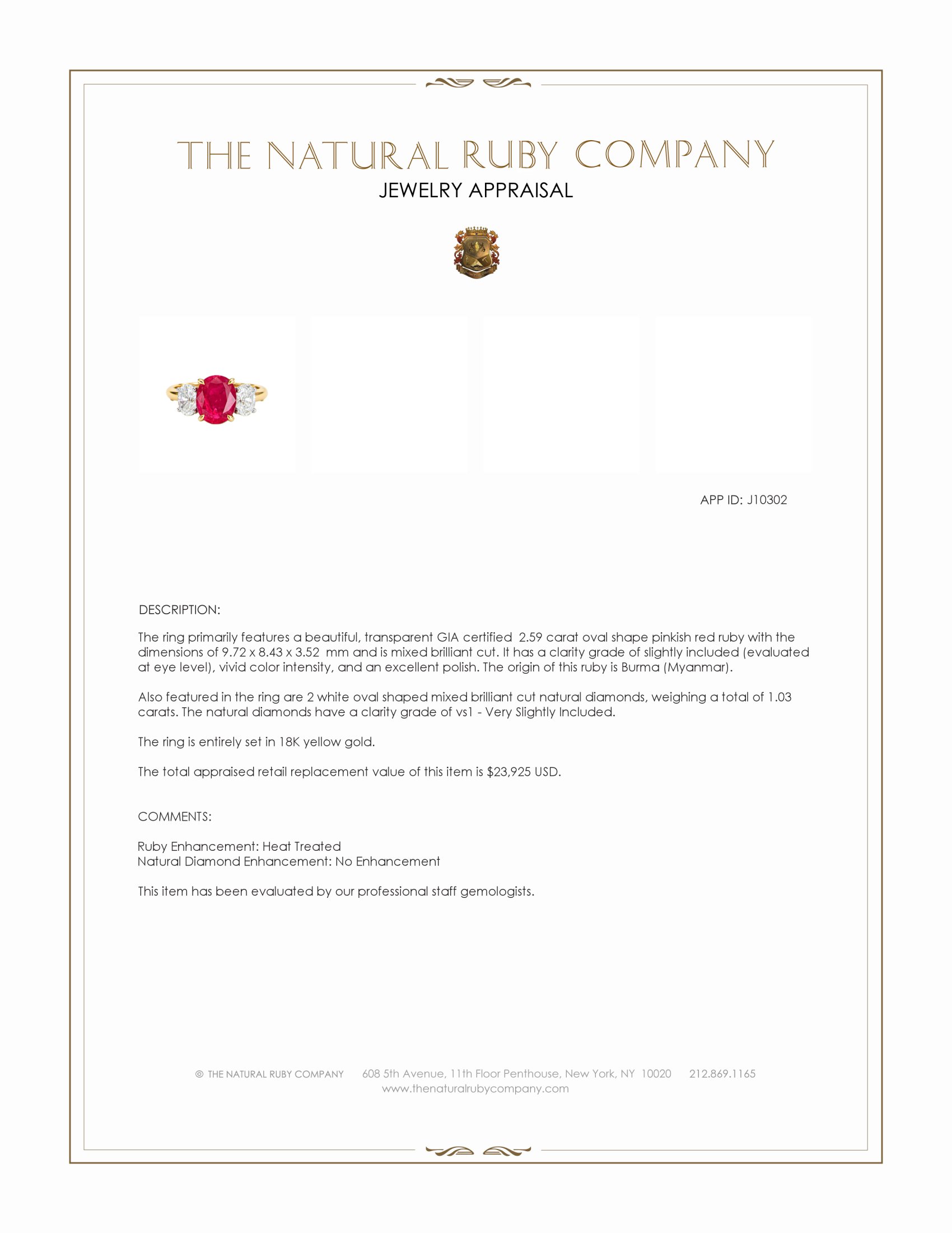 2.59 Ct. Pinkish Red Ruby and Natural Diamond Three Stone Ring, 18K Yellow Gold