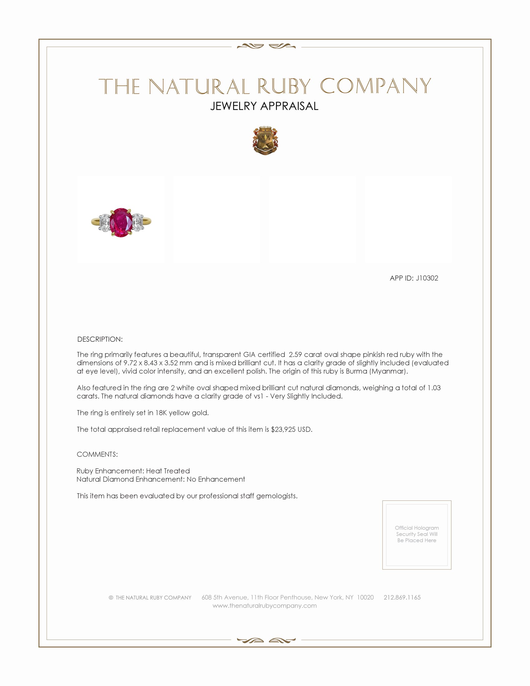 2.59 Ct. Ruby Natural Diamond Three Stone Ring, 18K Yellow Gold
