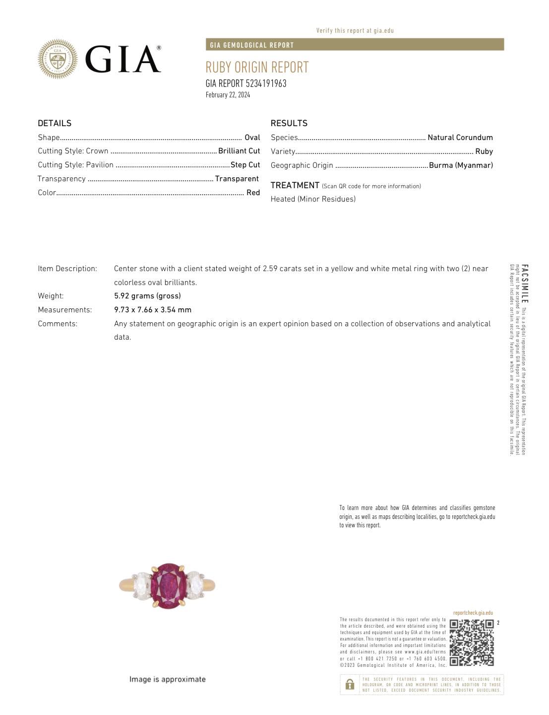 2.59 Ct. Pinkish Red Ruby and Natural Diamond Three Stone Ring, 18K Yellow Gold