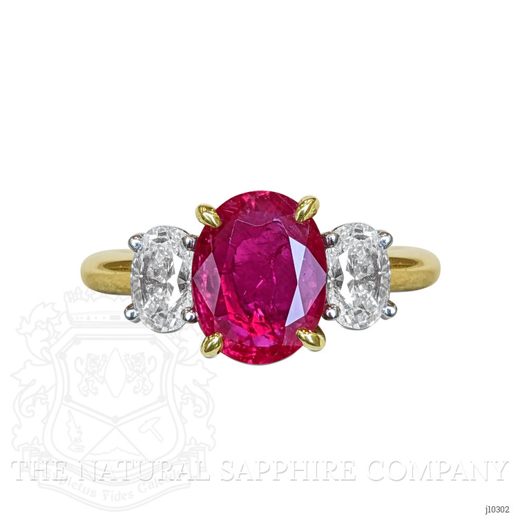 2.59 Ct. Ruby Natural Diamond Three Stone Ring, 18K Yellow Gold