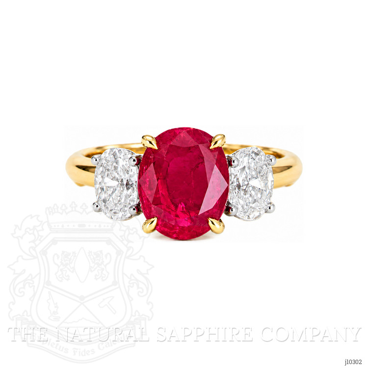 2.59 Ct. Pinkish Red Ruby and Natural Diamond Three Stone Ring, 18K Yellow Gold