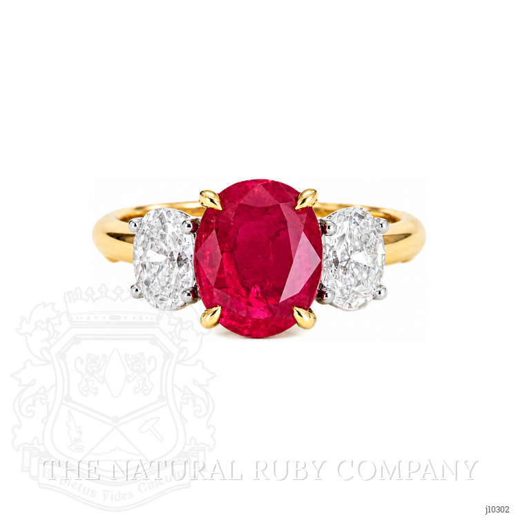 2.59 Ct. Pinkish Red Ruby and Natural Diamond Three Stone Ring, 18K Yellow Gold