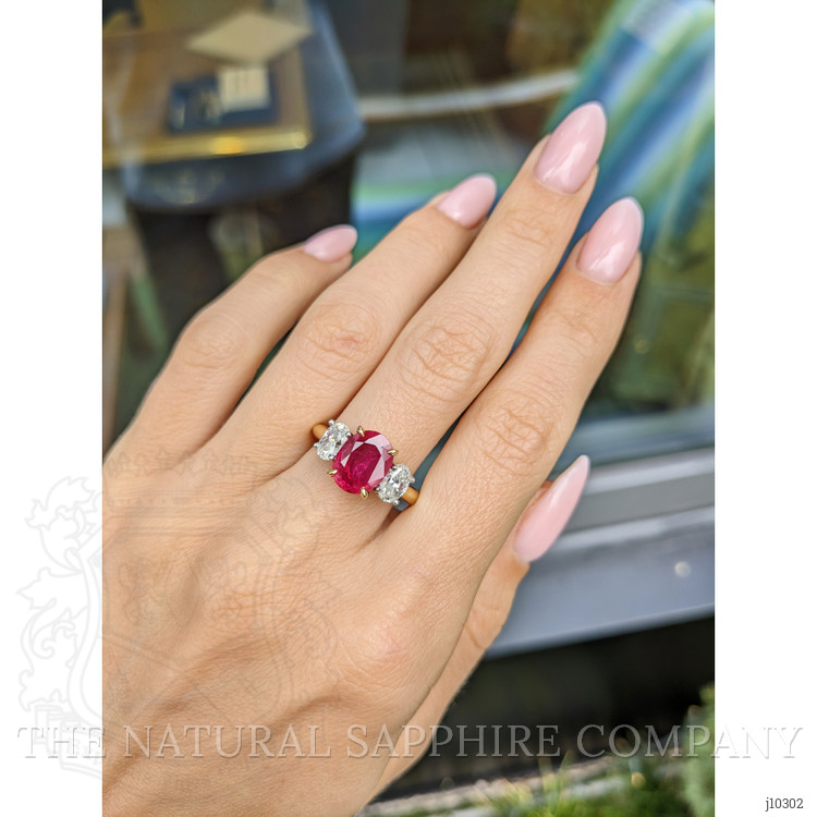 2.59 Ct. Ruby Natural Diamond Three Stone Ring, 18K Yellow Gold