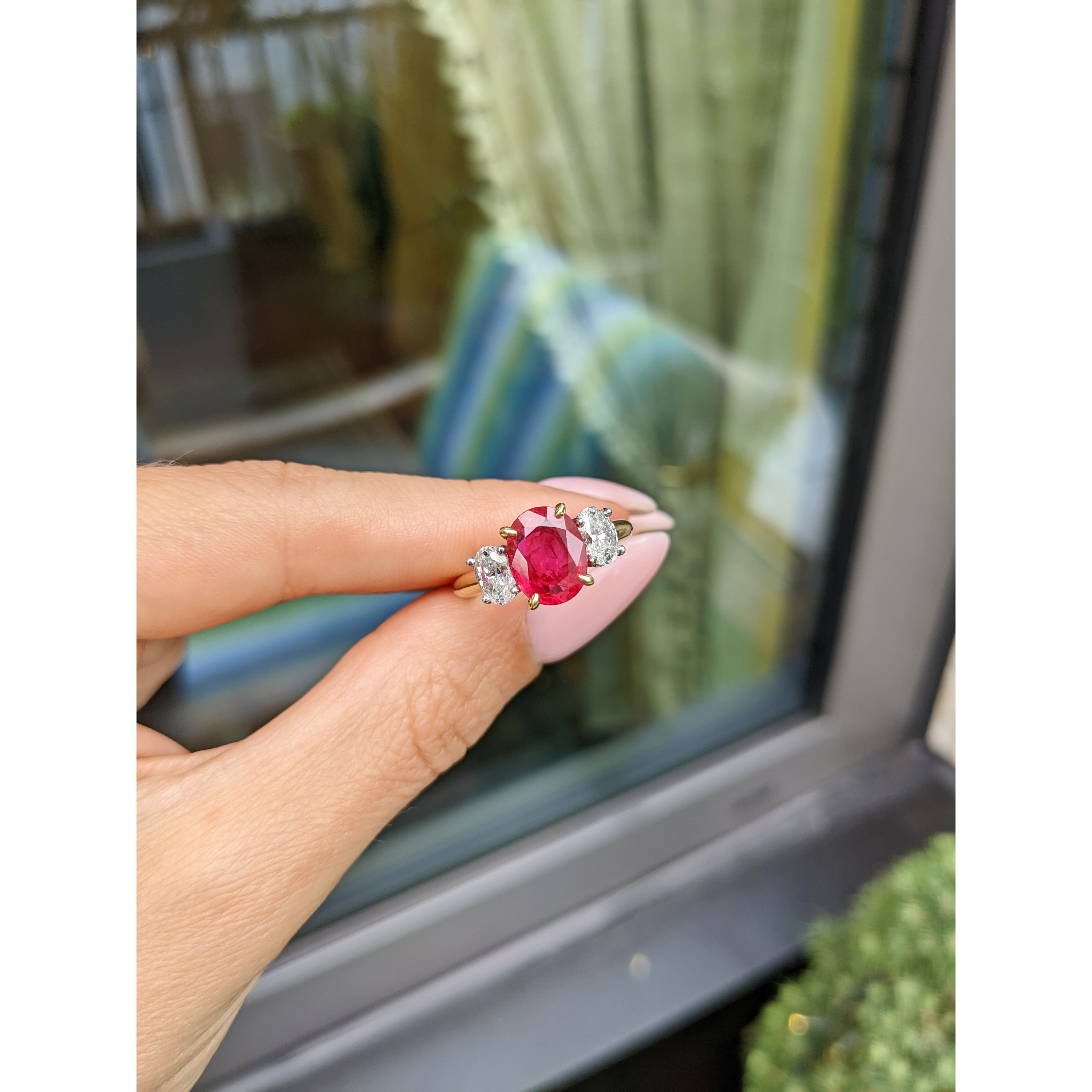 Ruby Three Stone Ring - Oval 2.59 Ct. - 18K Yellow Gold