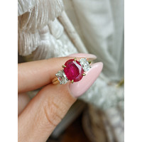 2.59 Ct. Ruby Natural Diamond Three Stone Ring, 18K Yellow Gold Life Style