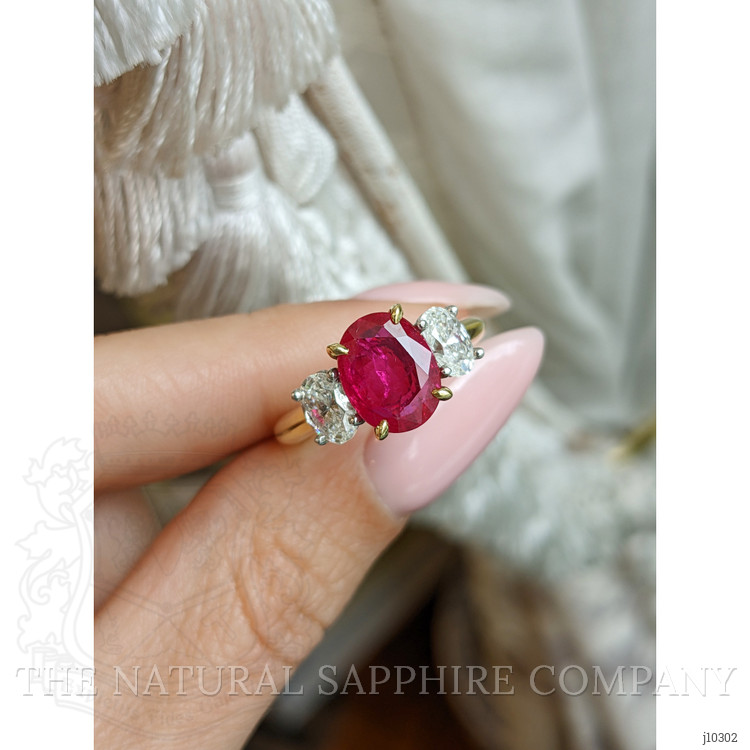 2.59 Ct. Ruby Natural Diamond Three Stone Ring, 18K Yellow Gold