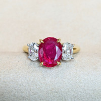 2.59 Ct. Ruby Natural Diamond Three Stone Ring, 18K Yellow Gold Life Style