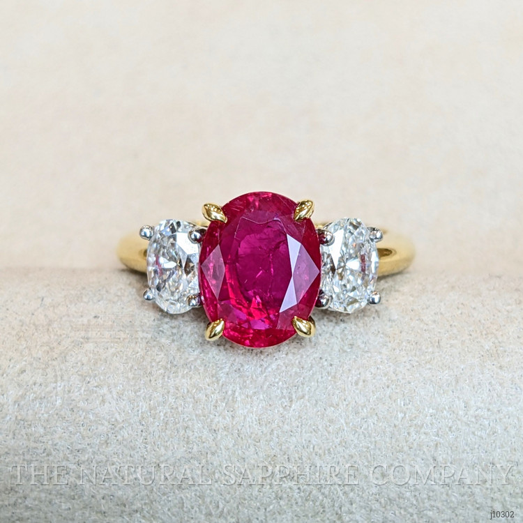 2.59 Ct. Ruby Natural Diamond Three Stone Ring, 18K Yellow Gold