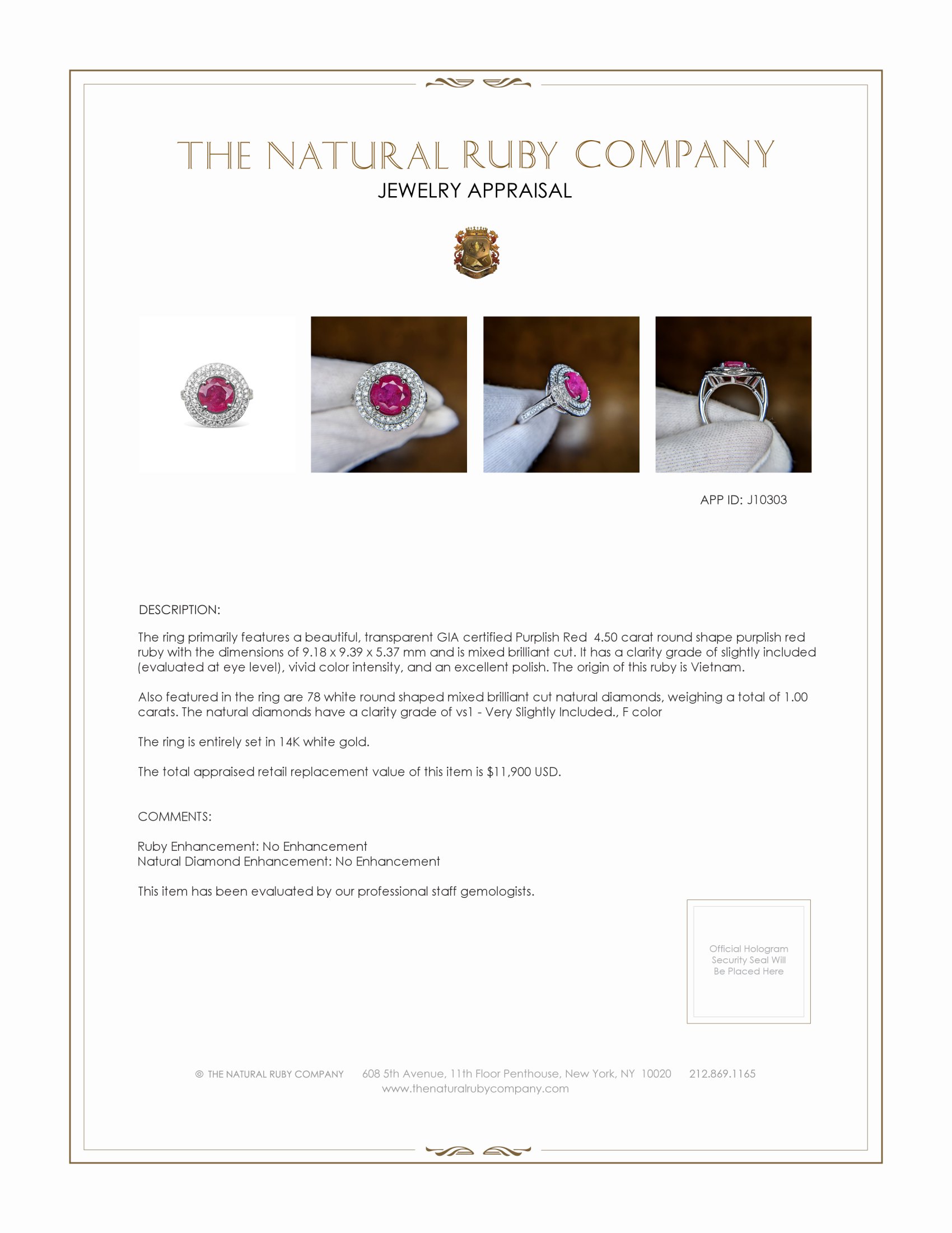 4.50 Ct. Purplish Red Ruby and Natural Diamond Pave Ring, 14K White Gold