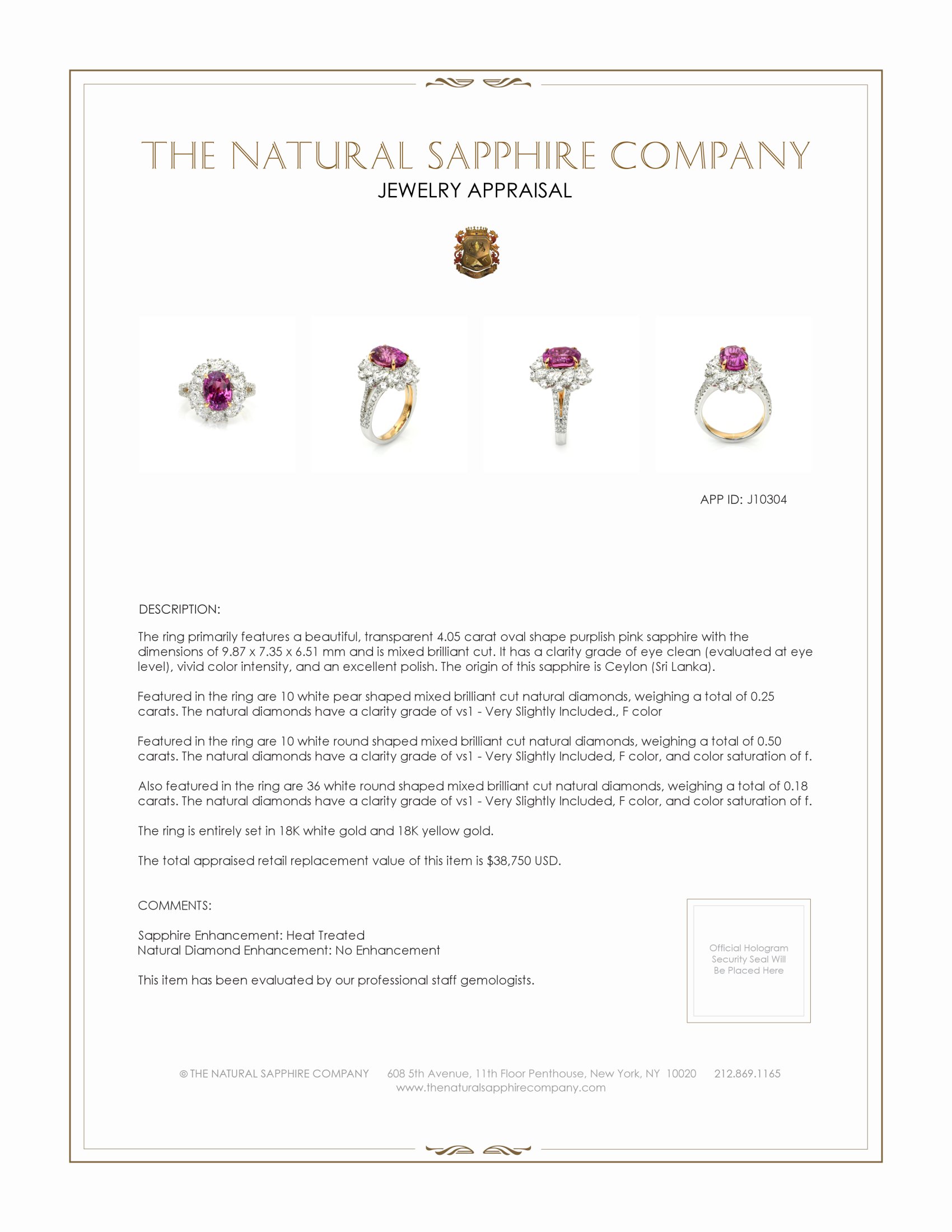 4.05 Ct. Purplish Pink Sapphire and Natural Diamond Pave Ring, 18K White & Yellow