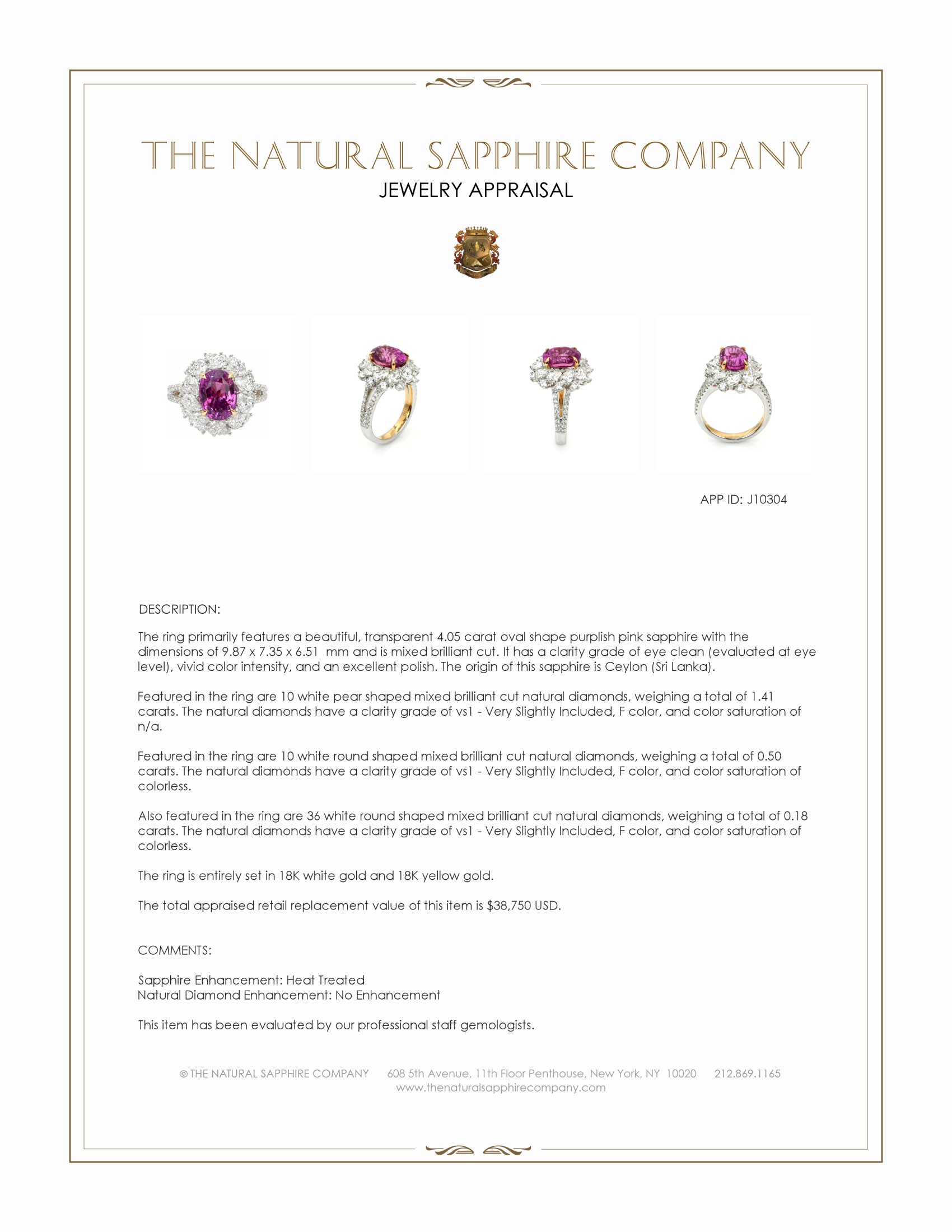 4.05 Ct. Purplish Pink Sapphire and Natural Diamond Pave Ring, 18K White & Yellow