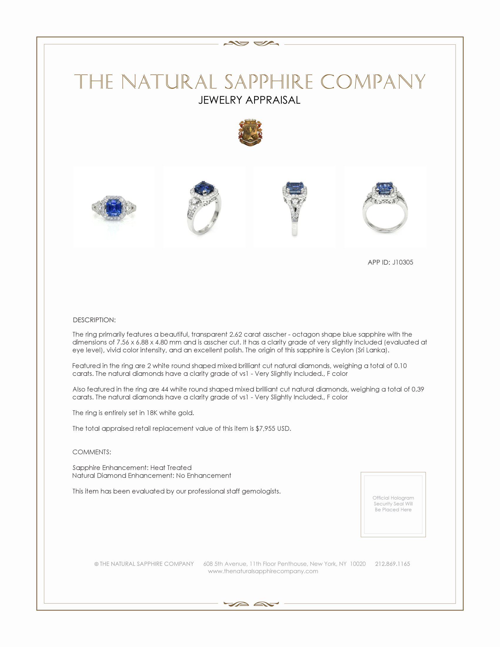 2.62 Ct. Blue Sapphire and Natural Diamond Three Stone Ring, 18K White Gold