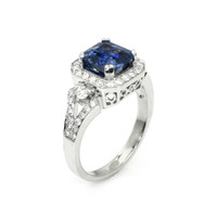 2.62 Ct. Blue Sapphire and Natural Diamond Three Stone Ring, 18K White Gold Image