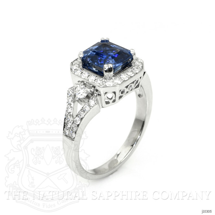 2.62 Ct. Blue Sapphire and Natural Diamond Three Stone Ring, 18K White Gold