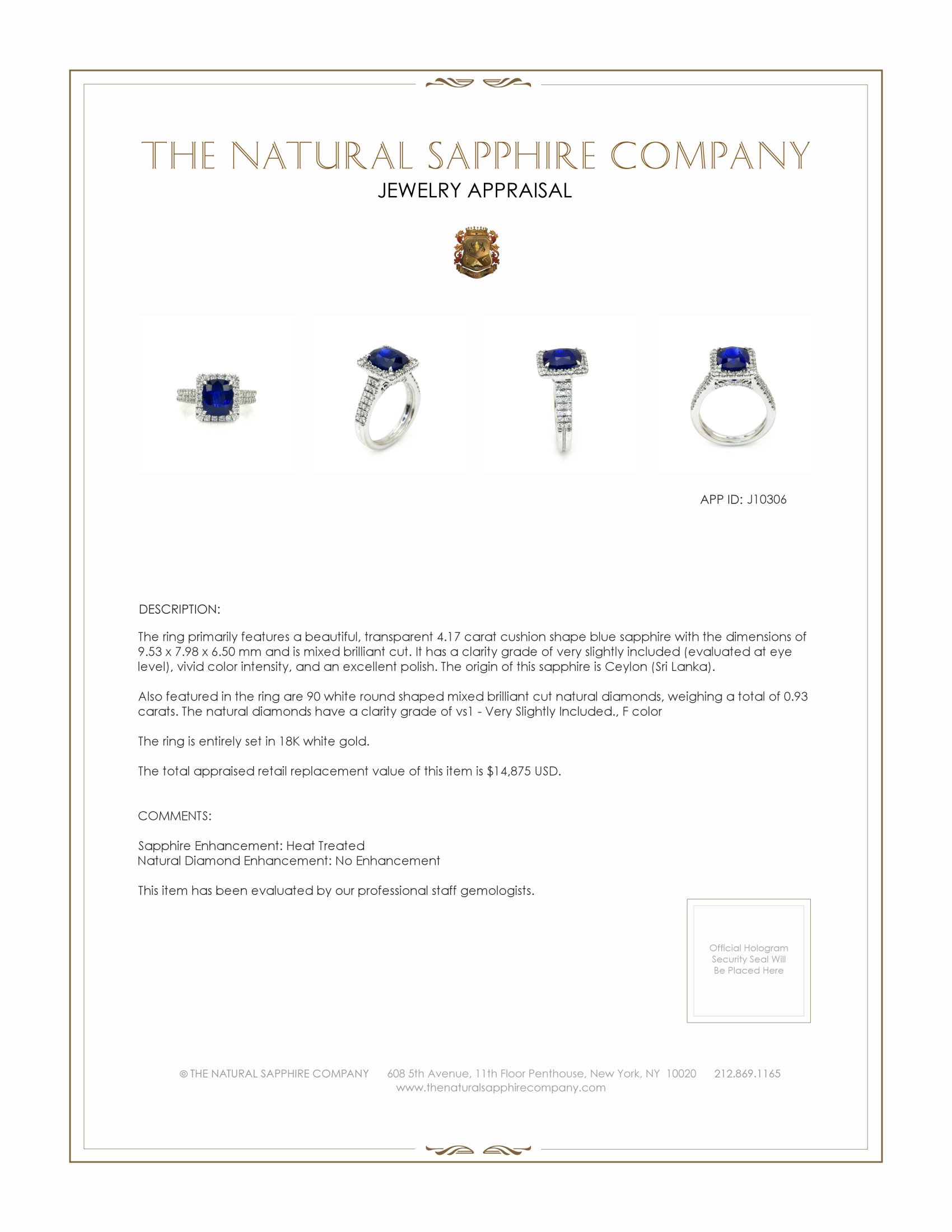 4.17 Ct. Blue Sapphire and Natural Diamond Pave Ring, 18K White Gold