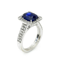 4.17 Ct. Blue Sapphire and Natural Diamond Pave Ring, 18K White Gold Image