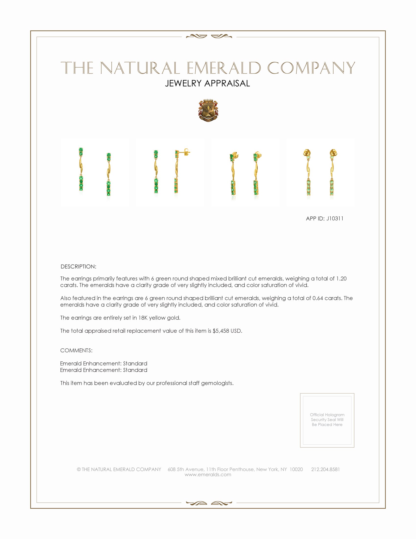 1.20 Ct.Tw. Emerald Drops Earrings, 18K Yellow Gold