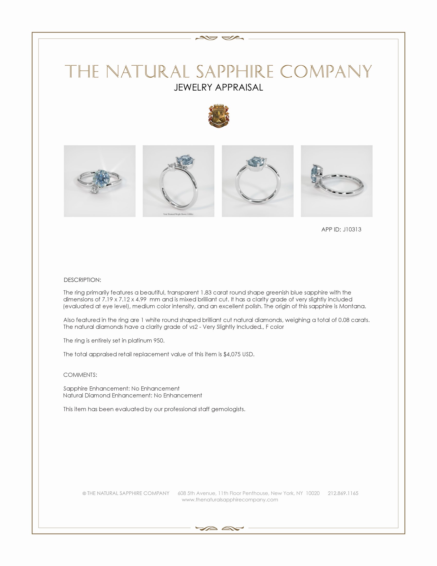 1.83 Ct. Greenish Blue Sapphire and Natural Diamond Two Stone (toi et moi) Ring, Platinum 950