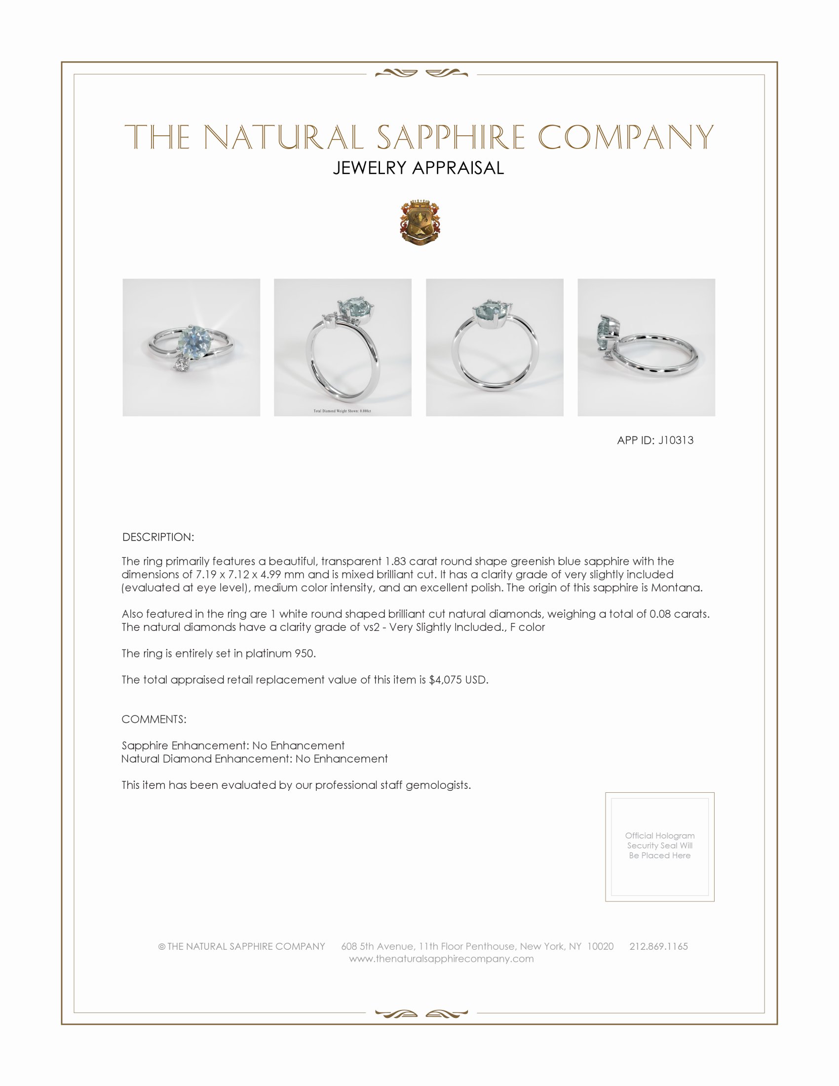 1.83 Ct. Greenish Blue Sapphire and Natural Diamond Two Stone (toi et moi) Ring, Platinum 950